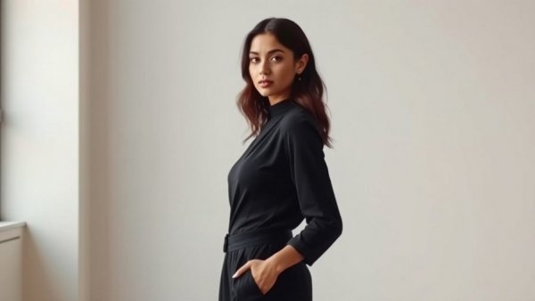 Woman in black outfit in elegant minimalistic room related to Herriman murder-suicide.