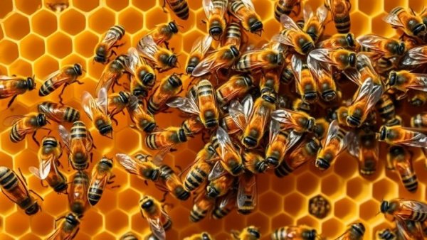 Close-up view of bees on honeycomb, declining bee habitat focus.