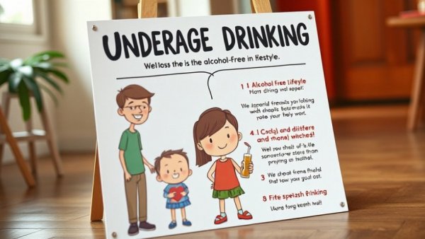 Poster on underage drinking prevention with a friendly illustration.