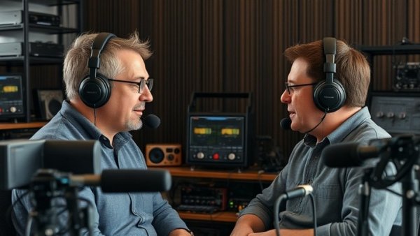 A casual radio setup with two hosts conversing.