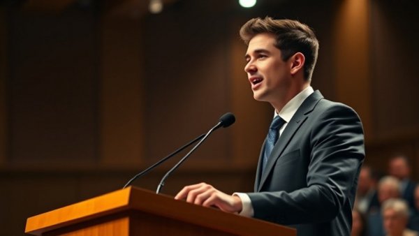 Liban Mohamed passionately speaks at a podium after District 1 nomination win.