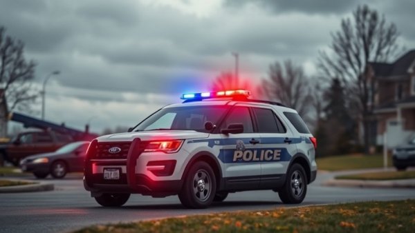 Police car with activated lights in South Salt Lake suburb.