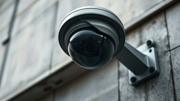 AI surveillance state concept depicted with close-up of a security camera.