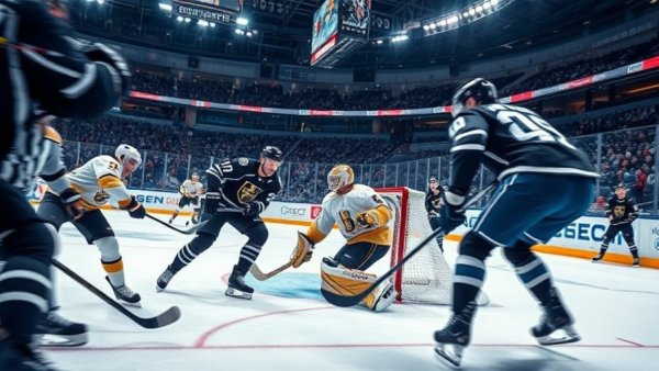 Intense hockey game action near goal during mammoth overtime loss to Golden Knights.