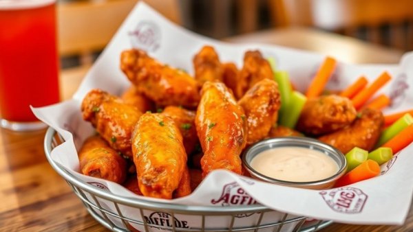Buffalo wings with carrots, celery, and dip in casual dining.