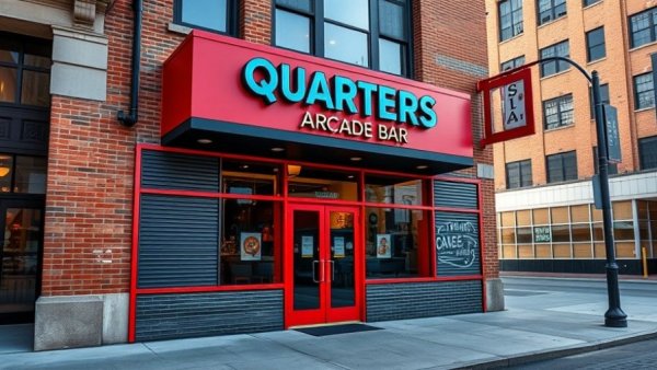 Quarters Arcade Bar exterior before closure, sunny urban street.