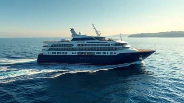 Large cruise ship sailing in ocean near coastline, human-to-human transmission hantavirus concept.