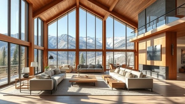 Spacious mountain living design with elegant furniture and large windows.