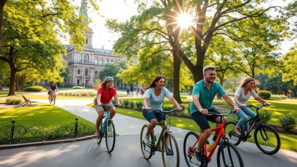 GREENbike bike share program in a vibrant urban park.