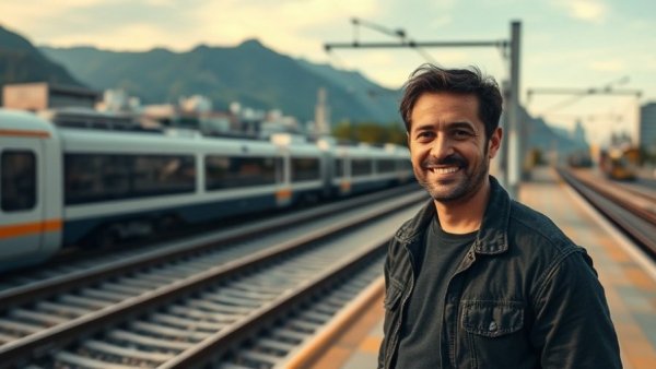 Man in urban mountain setting near Salt Lake City train.