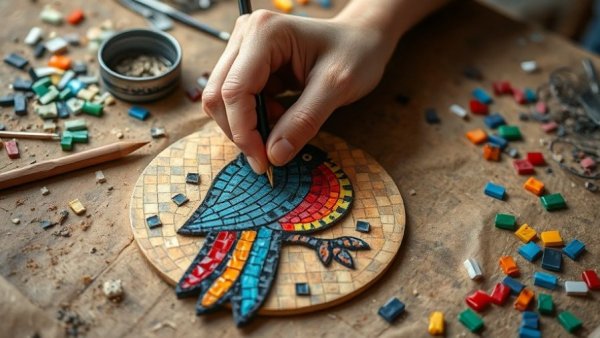 Artisan crafting a bird mosaic, showcasing Spring 2026 Tile Design Trends.