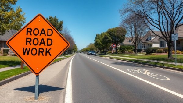 Road work sign on bike-friendly Main Street South Salt Lake, sunny day.
