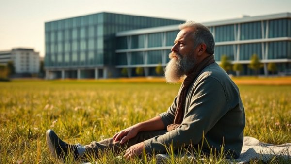 Middle-aged man sitting on blanket near modern building, considering Utah homelessness solutions.