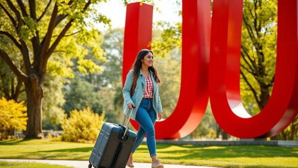 Young woman walking in park with red 'U' sculpture, vibrant trees, emphasizing AI to improve cancer patient outcomes.