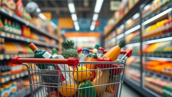 Full shopping cart with groceries in a supermarket aisle, essentials for short-term loans.