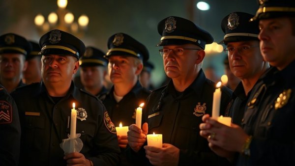 Candlelight vigil for fallen police officers with officers holding candles.