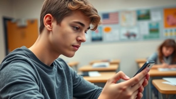 Teen using smartphone in classroom, AI identifies teen accounts on META.