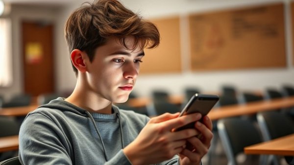 Teen using smartphone in classroom, AI identifies META accounts.