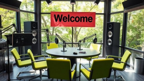 Modern radio studio representing Salt Lake City community spirit, featuring bright decor and lush surroundings.