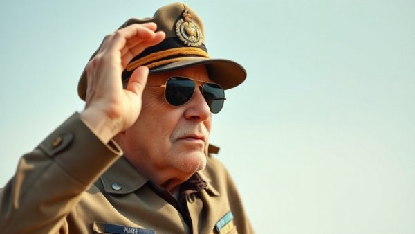 Older man in military uniform shielding eyes from sunlight