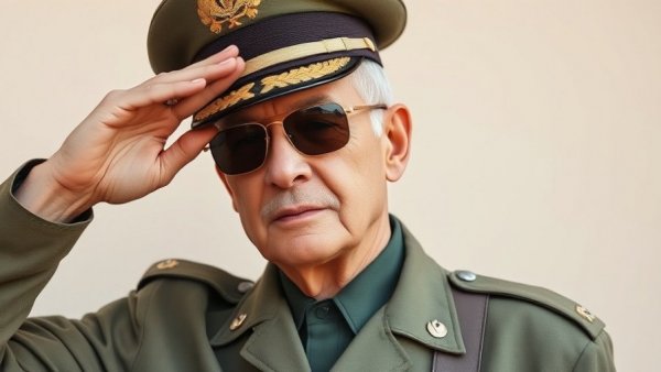 Older man in military uniform saluting, neutral expression