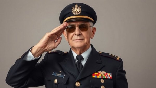 Older man in military uniform saluting, neutral background