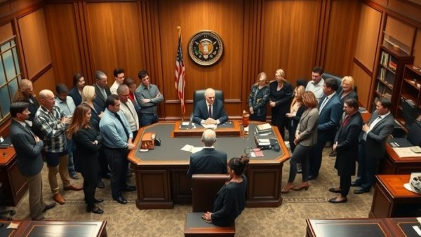 People discuss Memorial Day plans around an office desk.