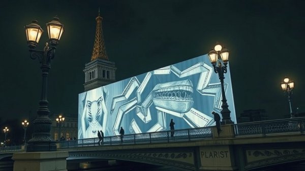 JR cave installation on Paris bridge at night with workers.