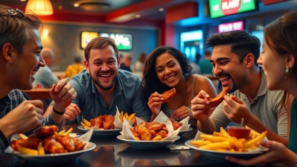 Group enjoying Memorial Day food deals with fries and wings.