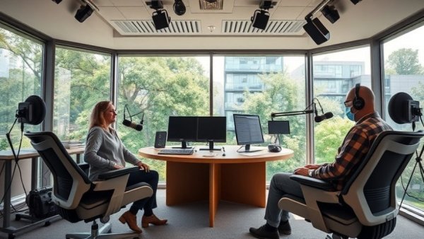 Community-centric radio station workspace in Salt Lake City, bright studio environment.