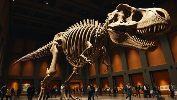 T. rex skeleton on display in museum exhibit hall.