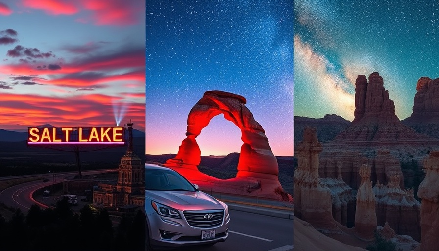 Vibrant Utah scenes including a neon sign, starry arch, and Bryce Canyon.