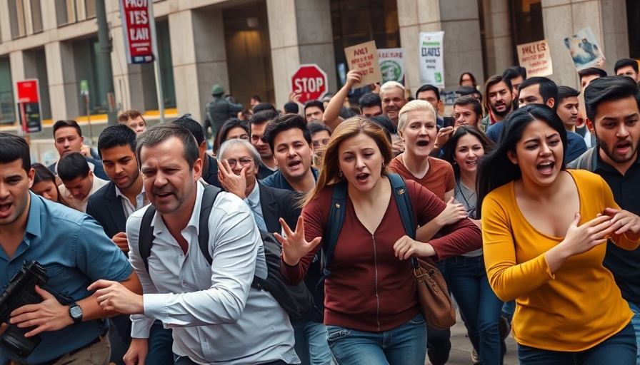 Diverse crowd fleeing urban event with armed peacekeeper.