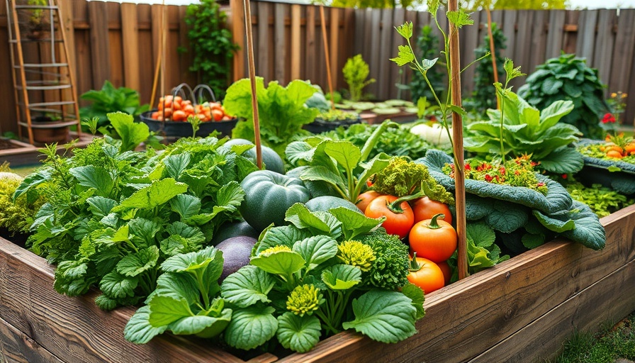 Raised garden bed with lush vegetables in a suburban setting.