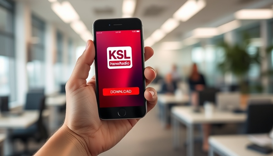 Hand holding smartphone with KSL NewsRadio app, download prompt.