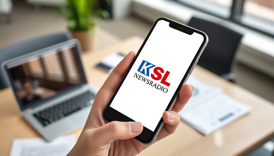 KSL NewsRadio app on phone, promoting Salt Lake City community stories.