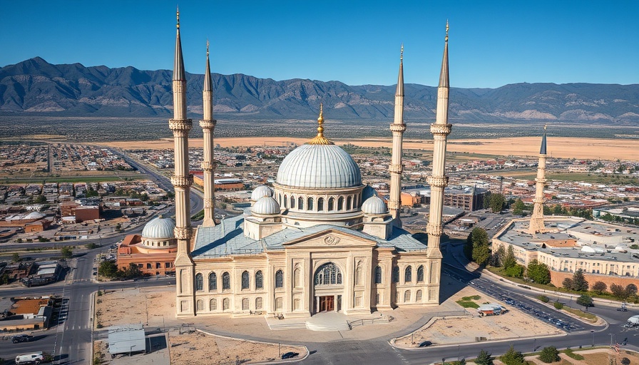Aerial view of Utah's largest mosque with dome and minarets.