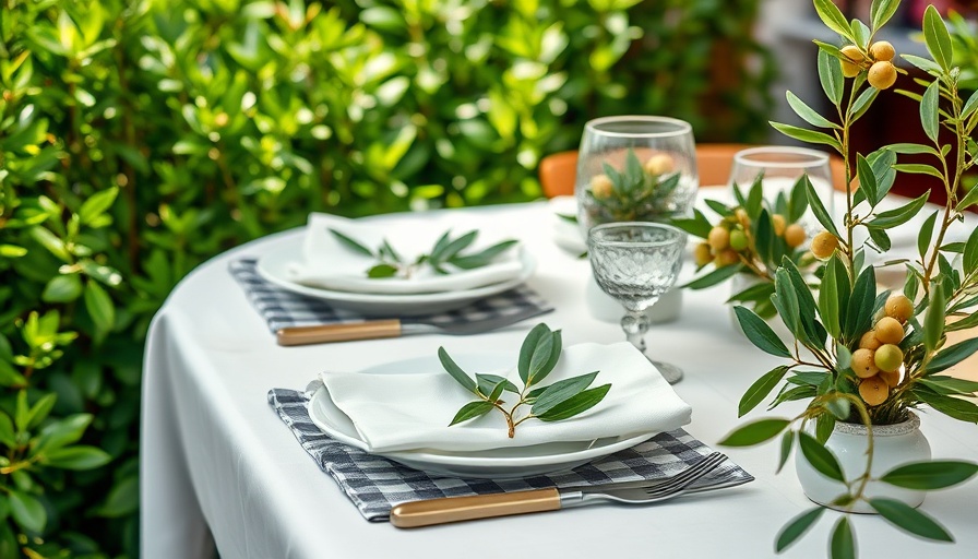Garden-inspired summer decor table setting with green leaves and olives.