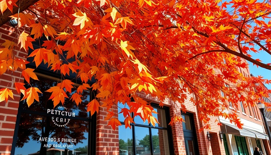 Colorful autumn leaves over brick storefront in Salt Lake City downtown.