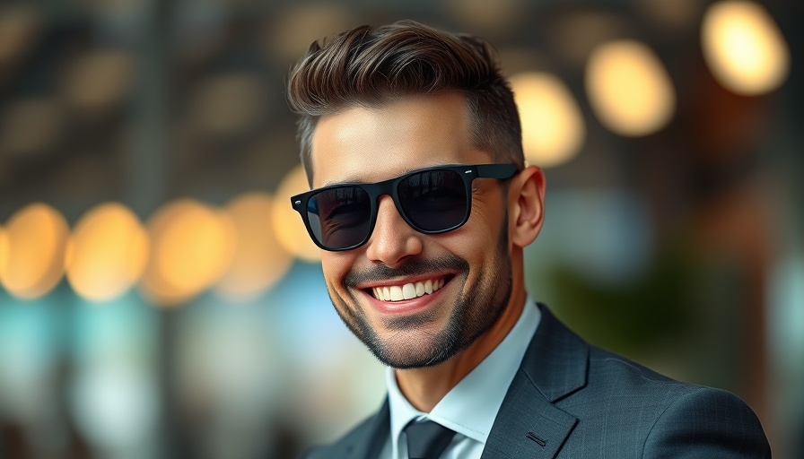 Confident man in sunglasses outdoors with blurred background.
