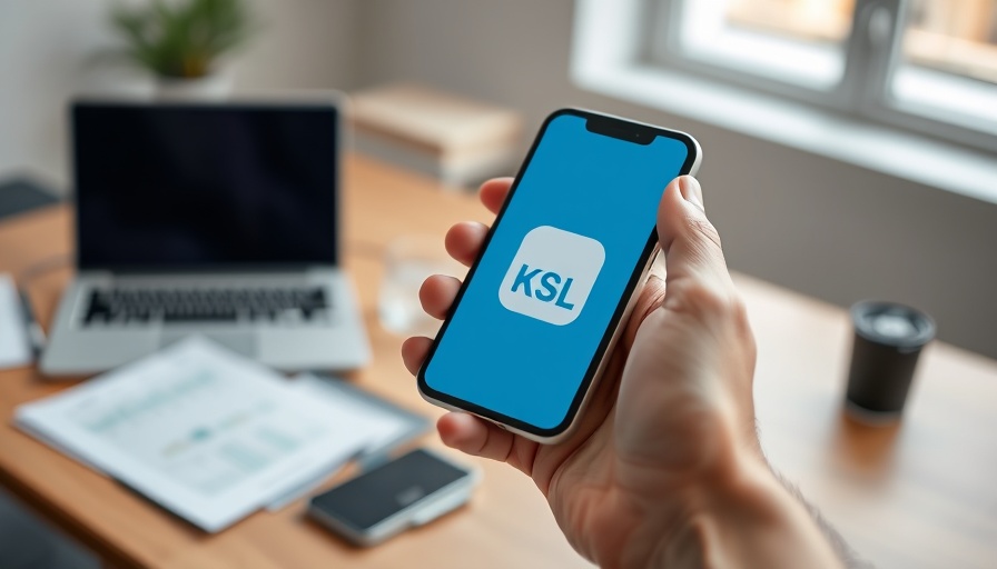 Person holding a smartphone with KSL NewsRadio app open, modern setting.