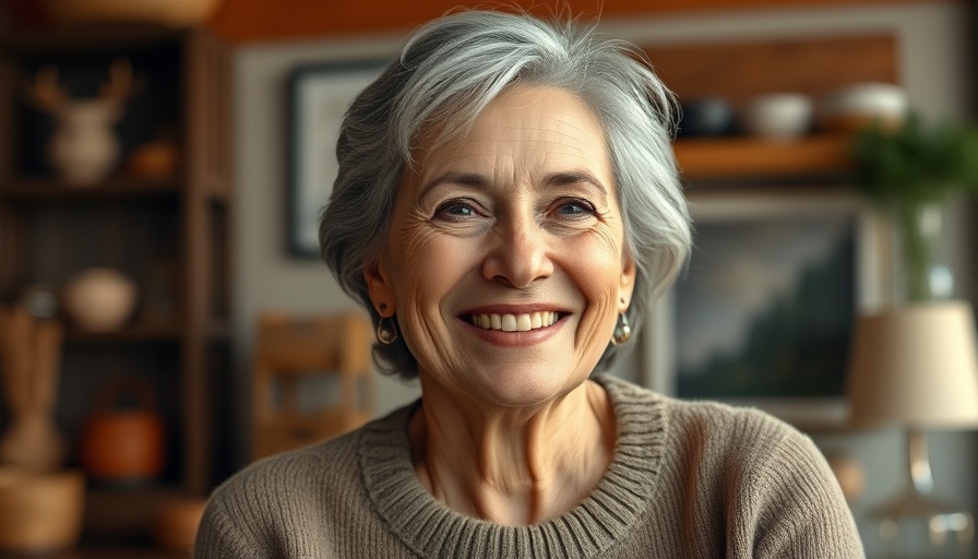 Warmly smiling middle-aged woman, indoor setting.