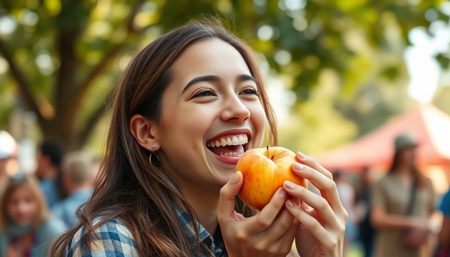 Young woman smiling, enjoying peach, Brigham City Peach Days festival.