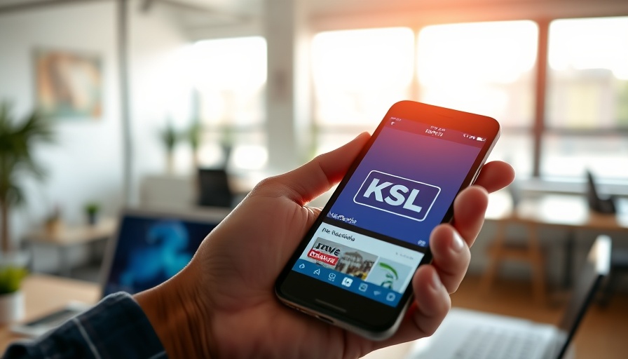 Hand holding smartphone with KSL NewsRadio app, inviting download.