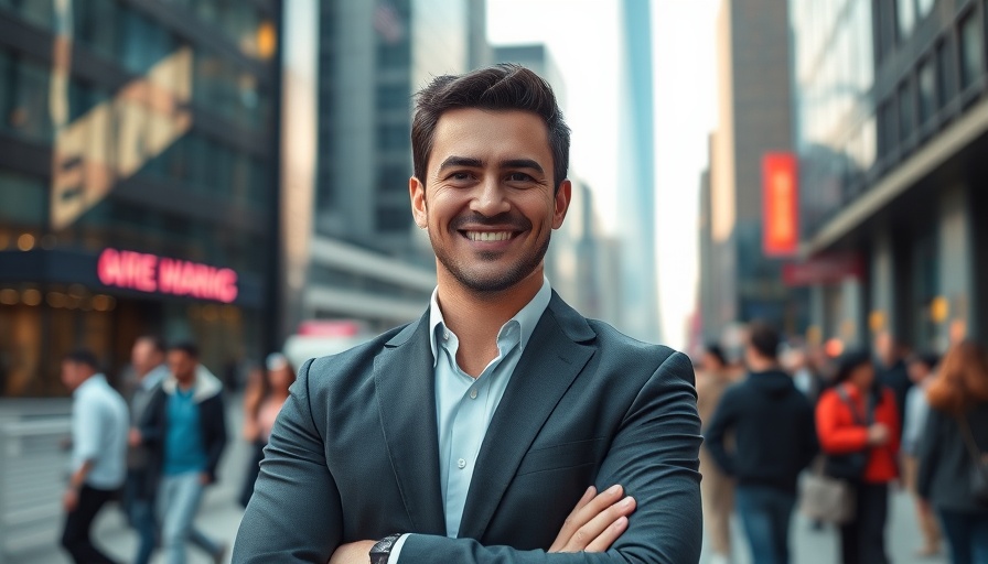 Confident individual in urban setting symbolizing an immigrant success story.