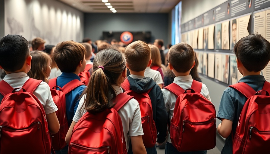 Children commemorating 9/11, exploring exhibit with red backpacks.