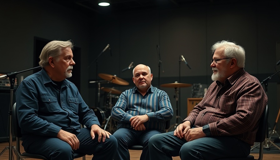Band members discussing in rehearsal room, Spinal Tap II film review setting.