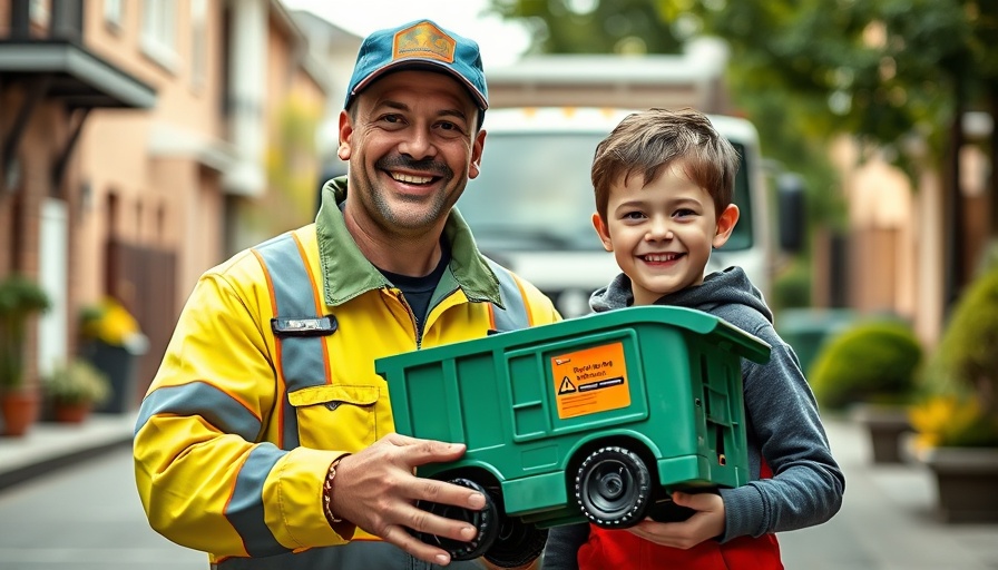 Trash Truck Guy smiling with child holding toy truck.