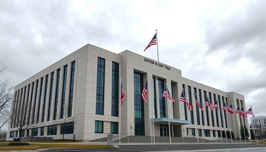 Flags outside modern building, Vineyard councilwoman misinformation site context