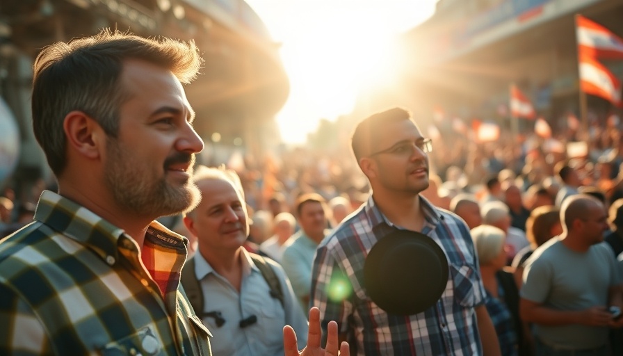 Outdoor rally with men holding hats, photorealistic crowd scene